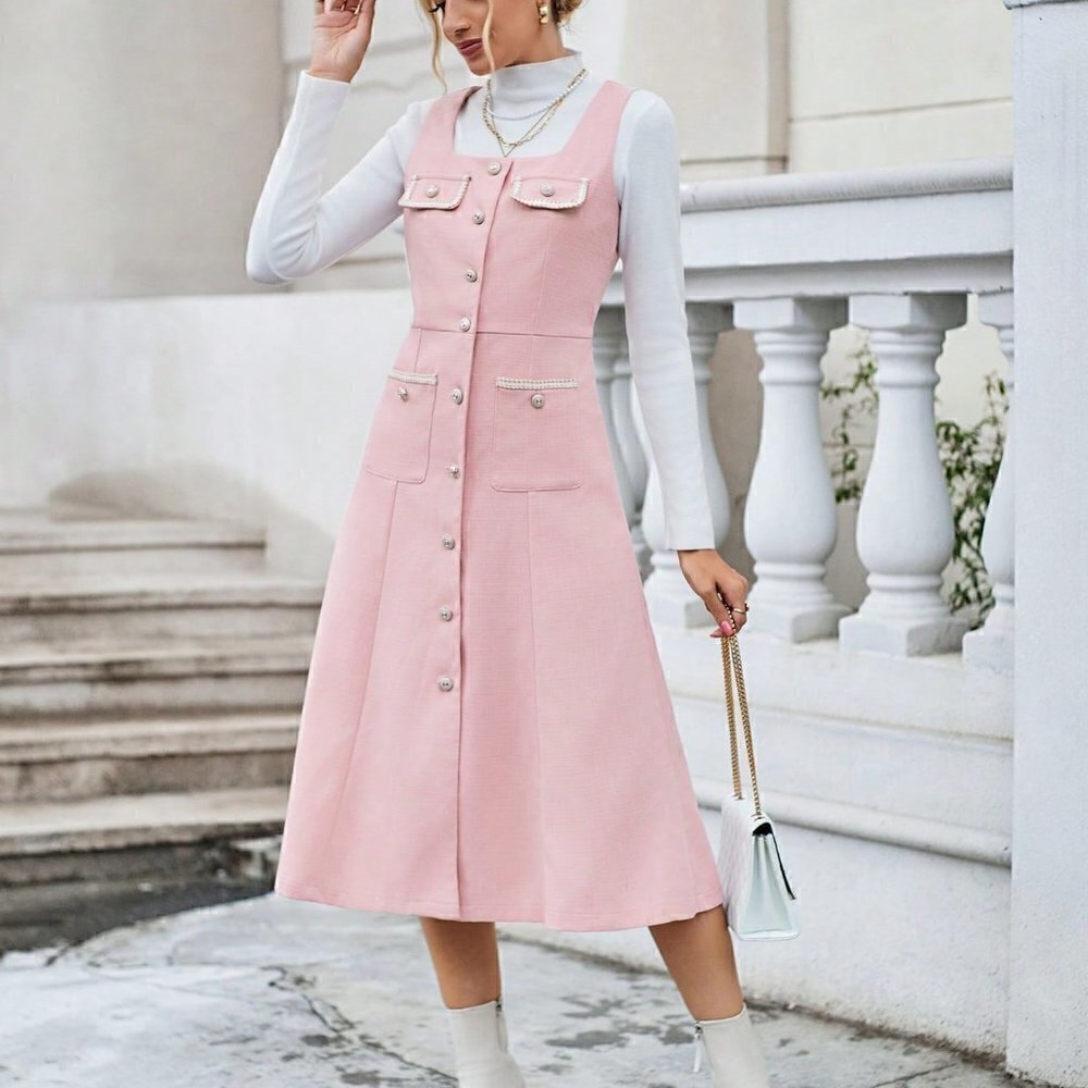 Pink Preppy Womens Flap Pocket Button Front Dress